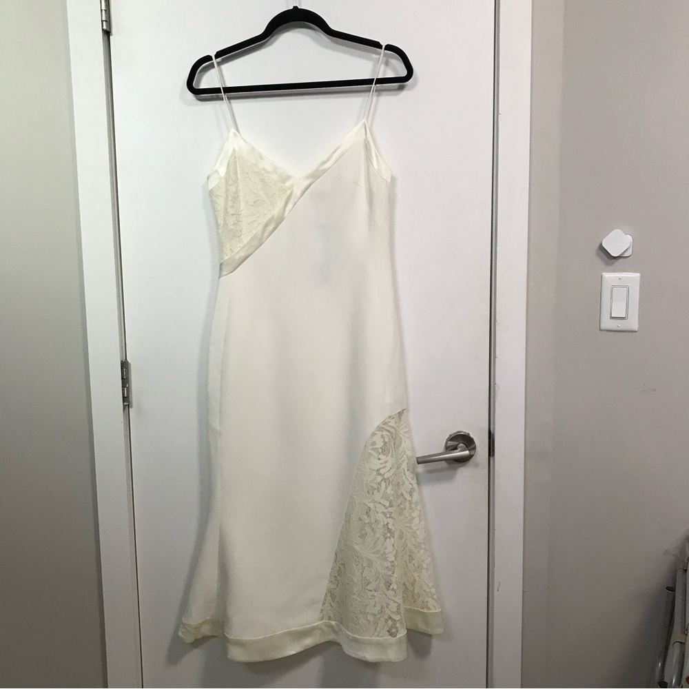 David Koma Asymmetric Lace & Satin Details V Neck Midi Bridal Dress